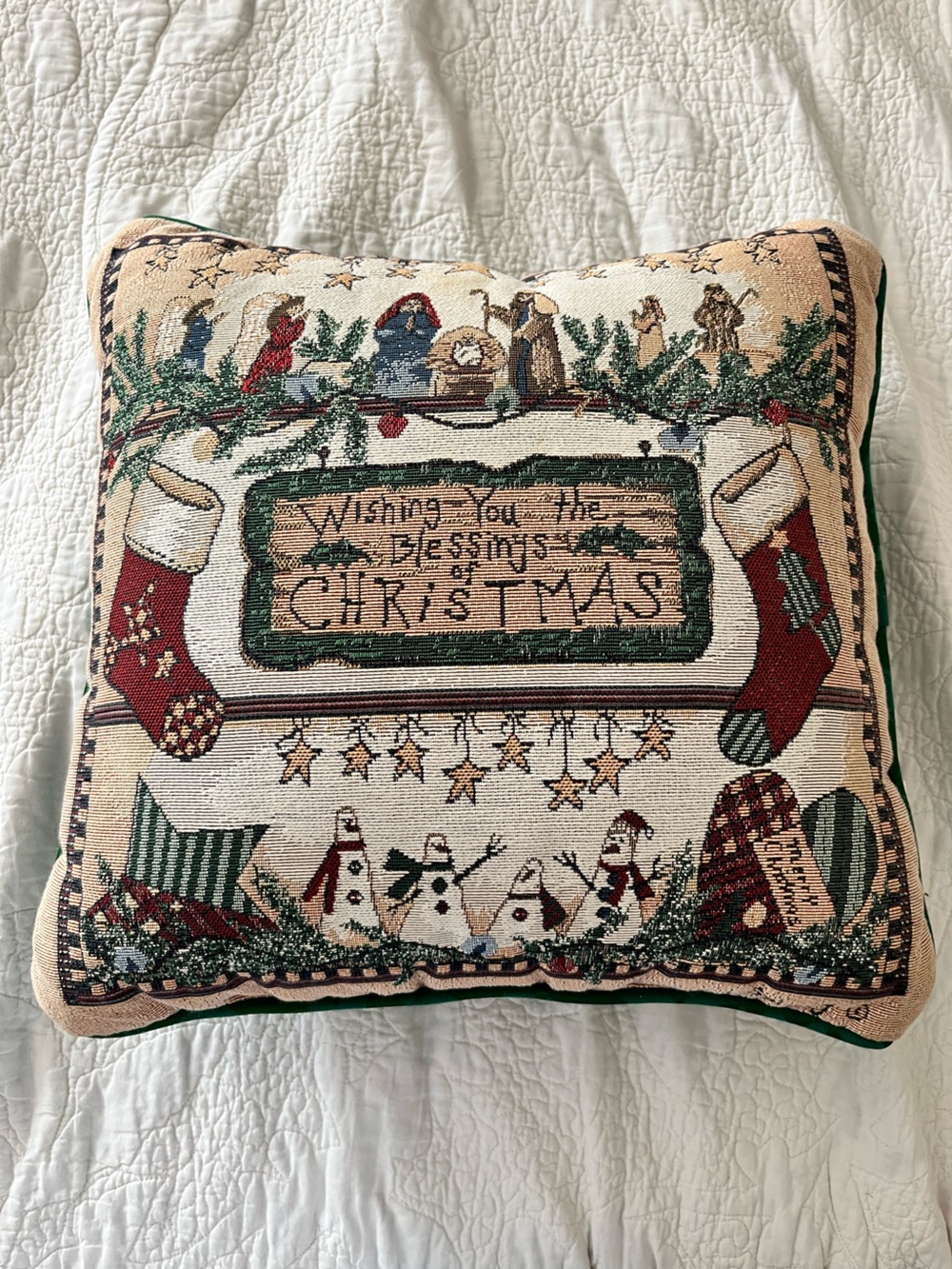 Christmas Square Sofa Nativity Pillow Green Holly Stripe Piped Edges L Spivey